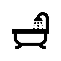 Illustration of a black bathtub with a shower head and water droplets in a minimalist style design icon