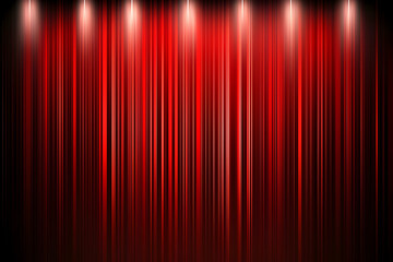 Red velvet stage curtain, spotlight illumination, dark background, theatrical performance backdrop