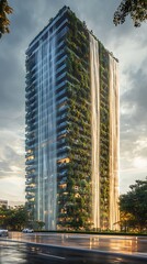 High rise building with waterfalls and green walls modern sustainable architecture