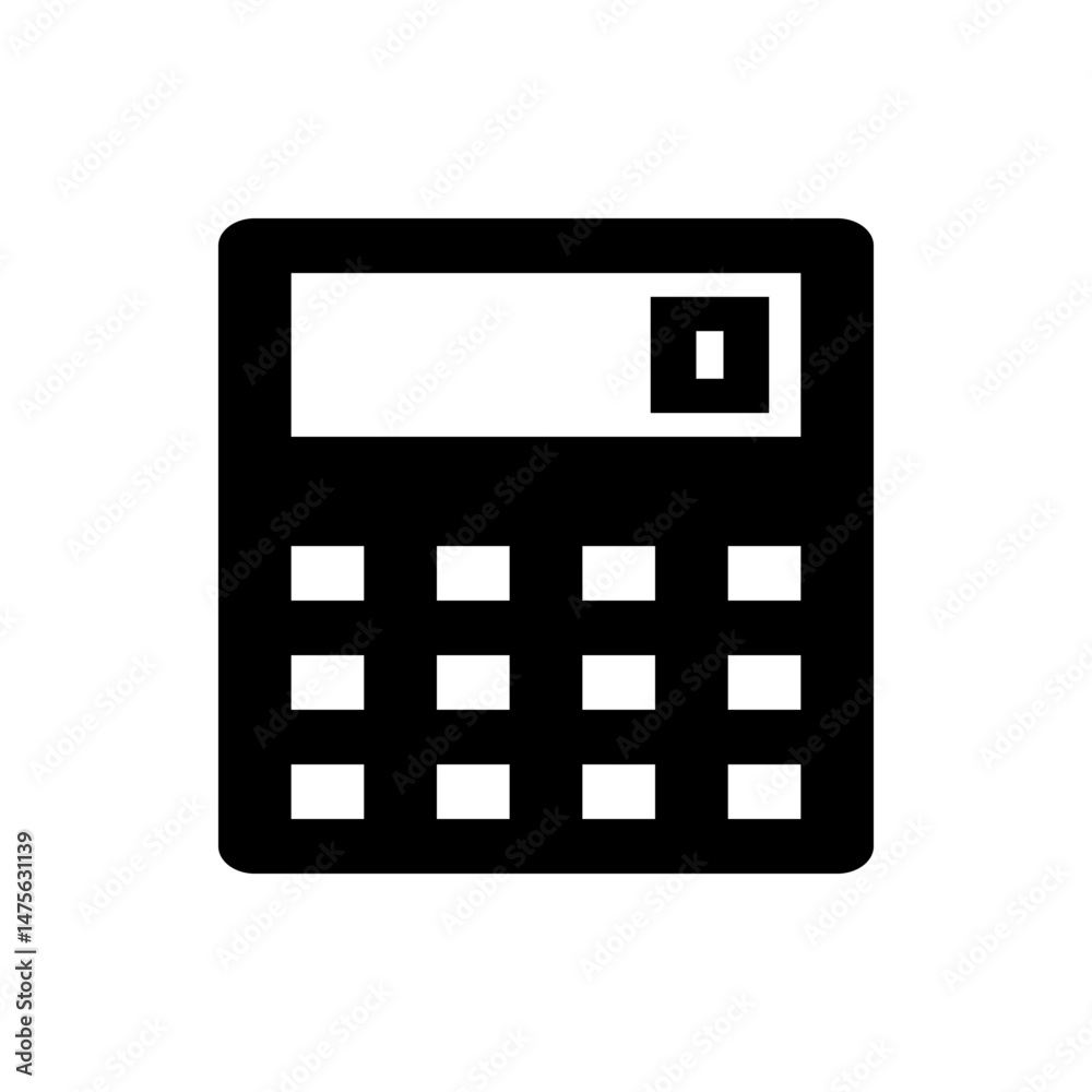 Poster illustration of a simple black calculator with a display and square buttons for mathematical operati
