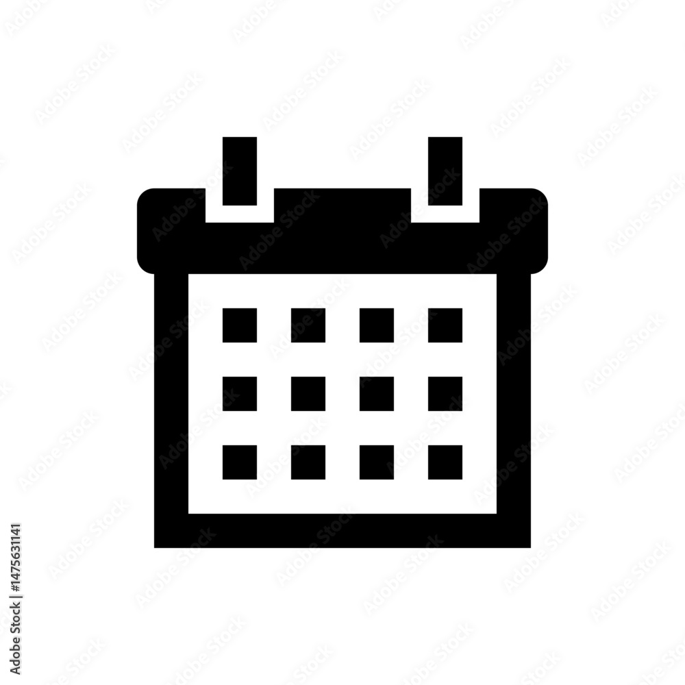 Poster illustration of a simple black and white calendar icon with a grid pattern representing dates and ev