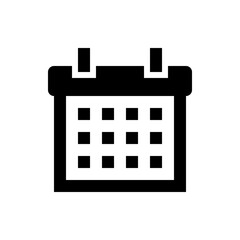 Illustration of a simple black and white calendar icon with a grid pattern representing dates and events