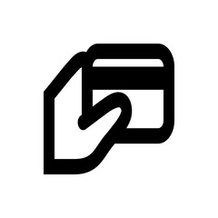 Hand holding a credit card with rounded corners and a stripe on top in black and white outline style
