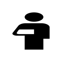 Silhouette of a person holding a rectangular object close to their body in a simple black and white image