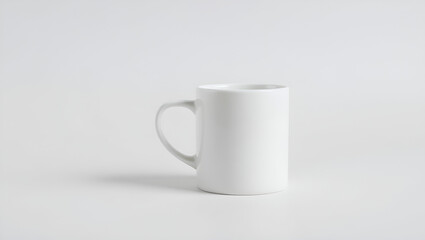 A white ceramic mug is centrally positioned in the image. The mug is cylindrical with a simple handle.  It has a slightly raised rim. The mug is clean and plain, lacking any design or decoration. The 