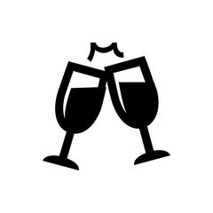 Illustration of two black wine glasses clinking together in celebration with a sparkle effect above them