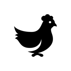 Silhouette of a chicken with a comb on its head and a curved body standing on two feet, in black color