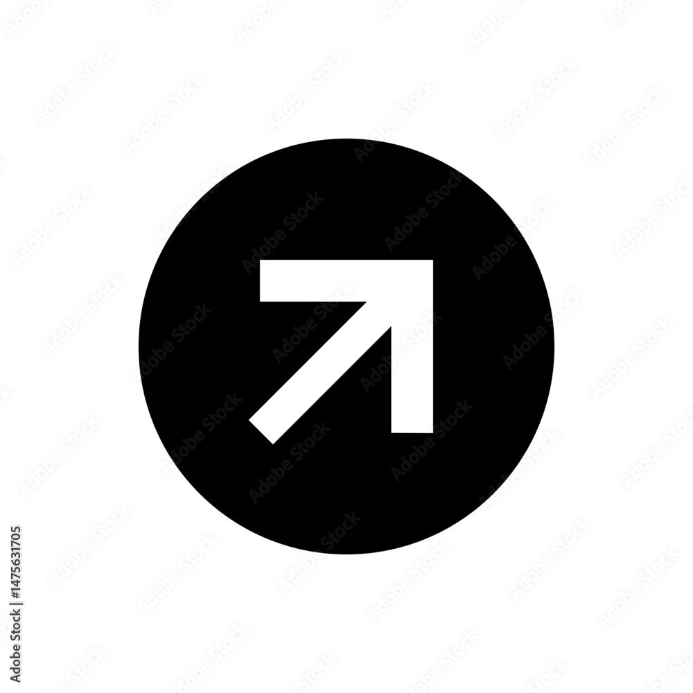 Poster white arrow pointing to the upper right direction inside of a black circle background and simple des