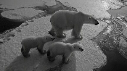 Mother Polar Bear with Two Cubs Walking Across Melting Arctic Ice