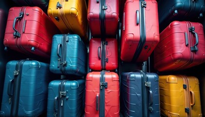 Overhead shot of various suitcases and bags on a luggage carousel , carry-on, overhead