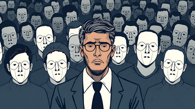 two-faced people. A guy in a crowd of hypocritical people . Vector illustration shows the problem of society . Many people, many masks, many shadows
