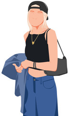 Cartoon vector illustration kpop idol dancer. Asian girl with reverse baseball cap. Idol group female fashion model wearing tanktop. Asian beauty model on vacation. Elegant woman in style.