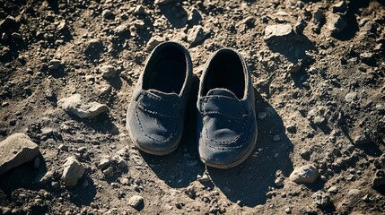 Worn Small Shoes on Ground Symbolizing Lost Childhood Memories