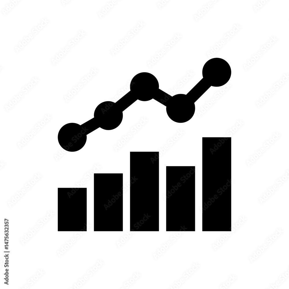Poster black line graph with circular data points above three vertical bar chart columns showing an upward 