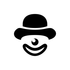 Illustration of a simple clown face with a hat and a big smile in black and white vector format