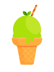 Lemon or lime ice cream cone with waffle stick, green scoop, topping, and leaf decoration. Summer dessert concept. Flat vector illustration isolated on white background	