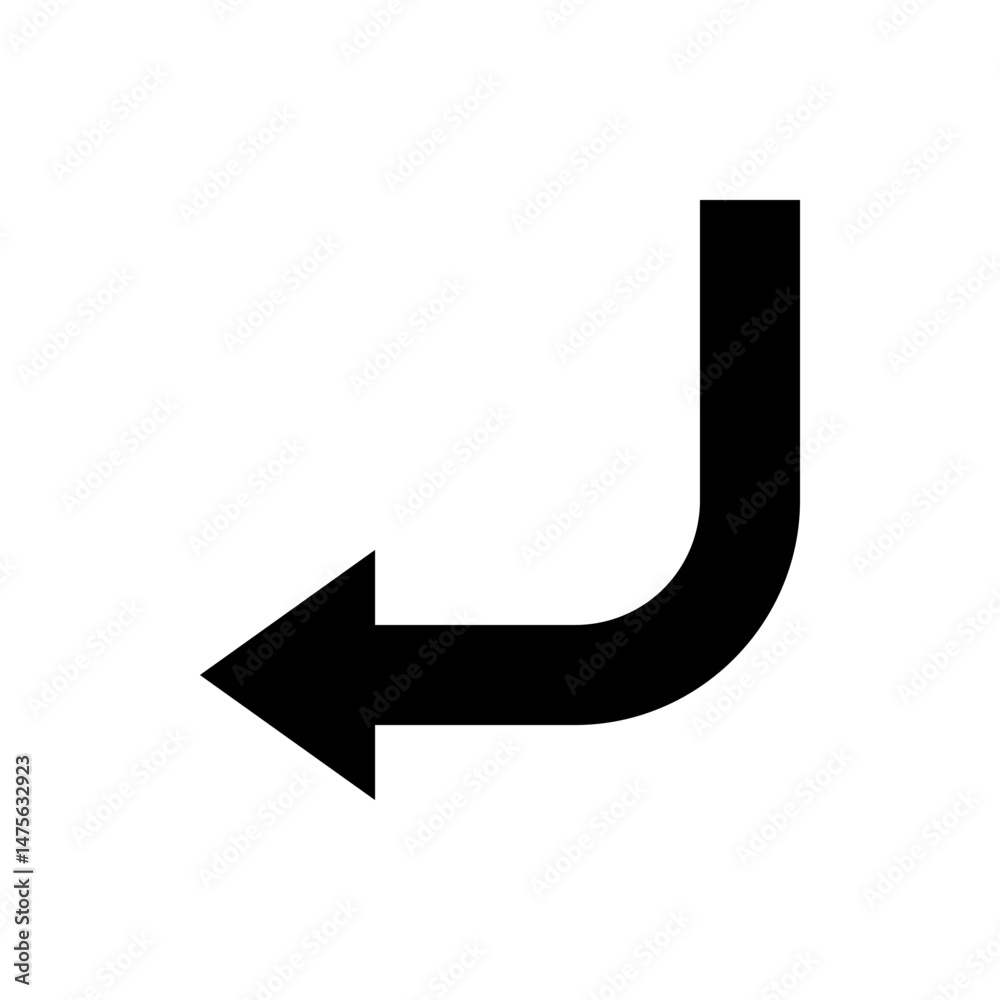 Poster black arrow pointing left with a right angle curve on a white background in a simple vector graphic