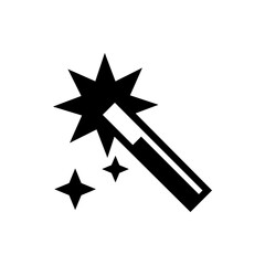 Illustration of a black magic wand with a large star and two smaller stars on a white background design