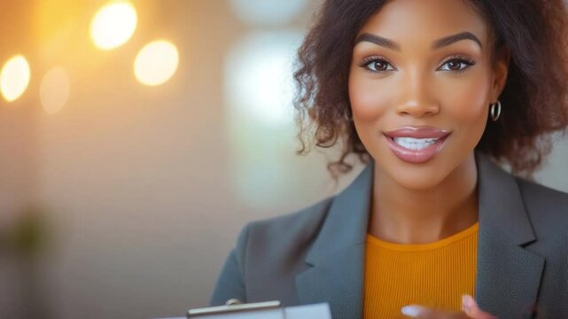 Professional Empowerment: A close-up shot of a radiant business woman, exuding confidence and poise, is captured in a professionally-lit environment, highlighting her elegance.