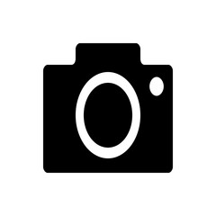 A black camera with a white lens and a white flash is displayed in a simple graphic representation