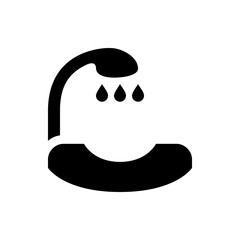 Illustration of a black shower head with three water droplets above a bathtub on a white background