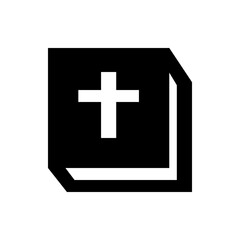 Illustration of a christian cross symbol inside a document icon with a folded corner in black and white