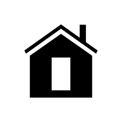 Simple black and white house icon with a chimney and a roof with a white line accenting the roof edge