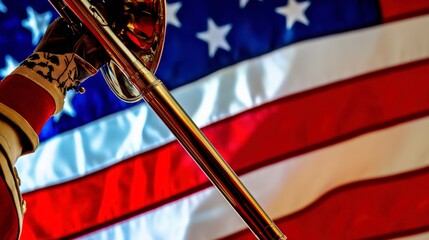 Bugler Playing Solemn Tune with American Flag Reflections Close Up