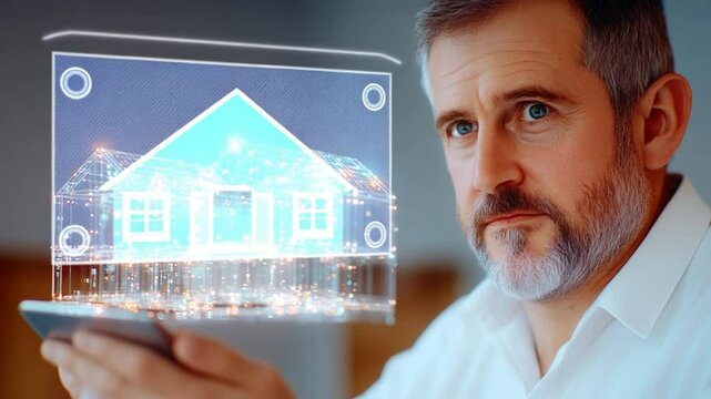Digital Home Design: A focused middle-aged man gazes intently at his smartphone, showcasing a futuristic 3D rendering of a smart home design overlaid on his screen.