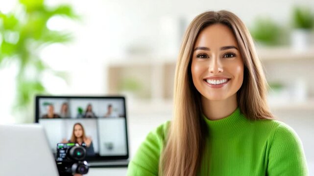 Webinar Host: A radiant, young woman, beaming with confidence, takes charge as a webinar host, presenting to the audience and sharing her wealth of knowledge in a virtual gathering.