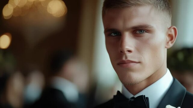 A formal gentleman wearing a tuxedo with a small flower pinned to his lapel