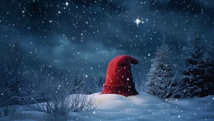 A Large Red Christmas Hat Surrounded by Snowy Landscape Under a Starry Night Sky with Gentle Snowfall and Snow Covered Trees in the Background
