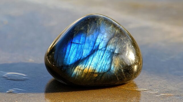 Smooth labradorite stone reflecting blue flashes next to the polishing machine used to finish it