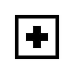 Illustration of a black plus sign centered within a white square with a thick black border around the edge
