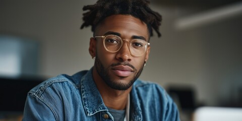 Fototapeta premium Young african male wearing glasses and denim jacket in casual indoor setting