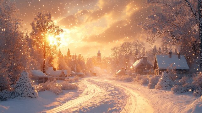 Winter landscape snowy path through village with sunset sky and frost-covered trees