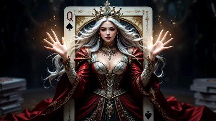 The mysterious queen from the card casts a spell in a mystical setting