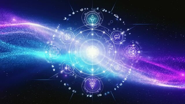 Abstract cosmic energy field with glowing neon-blue and purple sacred geometry symbols radiating across deep space, visualizing futuristic quantum interface and digital metaphysical design