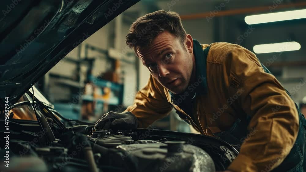 Poster a person tinkering with a vehicle's internal combustion system in a well-lit storage area