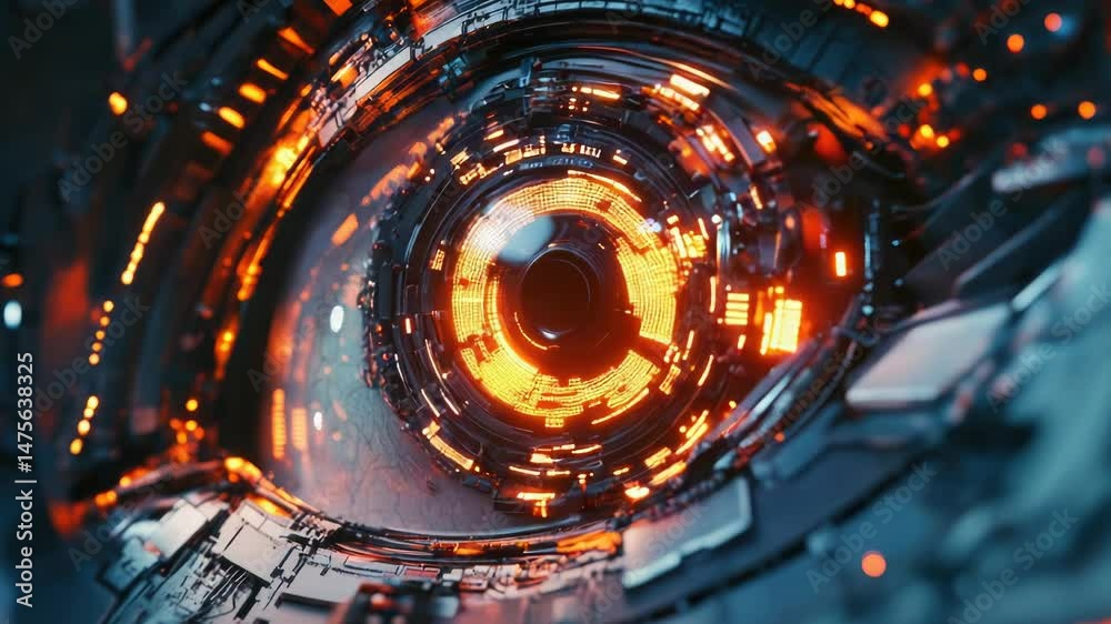 Poster a detailed look at a high-tech eye with glowing blue circuitry and a metallic iris
