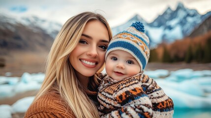 Obraz premium Smiling woman holds baby in warm sweater by icy glacier lake, with stunning mountains and soft clouds in beautiful scenic landscape