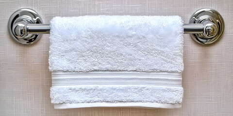 White bath towel hanging on a chrome rack in a bathroom. Clean, fresh linen. Hotel, spa, or home