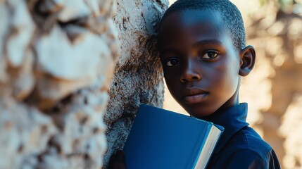 Young African Boy Holding Book with Hopeful Expression Outdoors