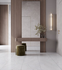 Bright modern hallway with marble floor and large mirror, luxury hotel concept, 3d rendering