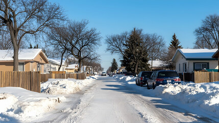 Snowy residential street, winter day, parked cars, clear sky, suburban neighborhood, ideal for real estate or winter travel