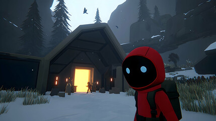 Lone explorer approaches futuristic mountain shelter; snowy landscape, potential game screenshot