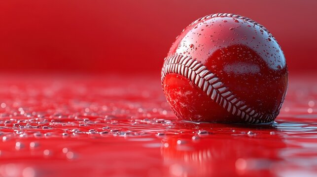 Wet, red sphere with white stitching sits atop a reflective red surface