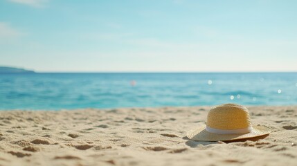 Relaxing Beach Scene with Straw Hat on Golden Sand and Calm Ocean Waves under Clear Blue Sky during Bright Sunny Day