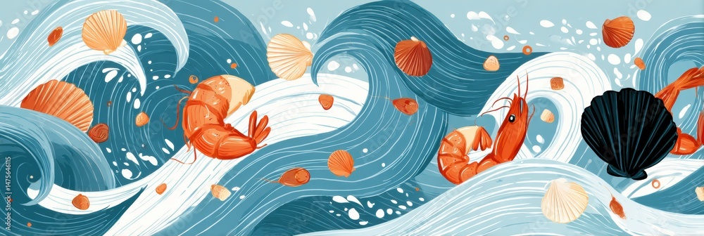 Poster colorful abstract waves featuring shrimp and shellfish icons create an eye-catching design for seafo