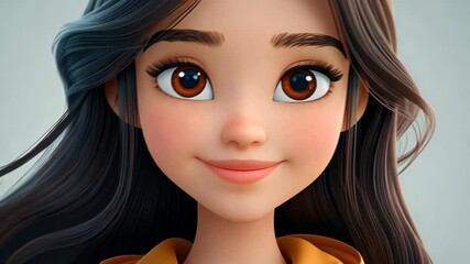 Smiling Portrait of a Animated Girl: A charming animated girl with expressive brown eyes and radiant smile, she embodies a sense of warmth and approachability, perfect for stories. - Powered by Adobe